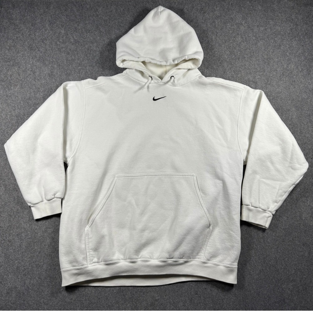 Vintage Nike Center Swoosh Hoodie Mens Large White USA MADE Pullover 90s Travis